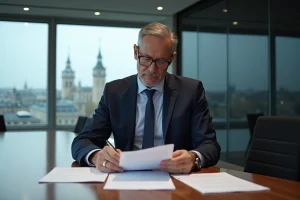 Dirigeant d'entreprise examinant des documents financiers dans une salle de conseil à Paris, illustrant les actionnaires de TotalEnergies