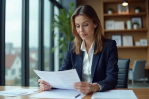 Agent immobilière analysant une estimation de valeur de bien immobilier dans une agence moderne