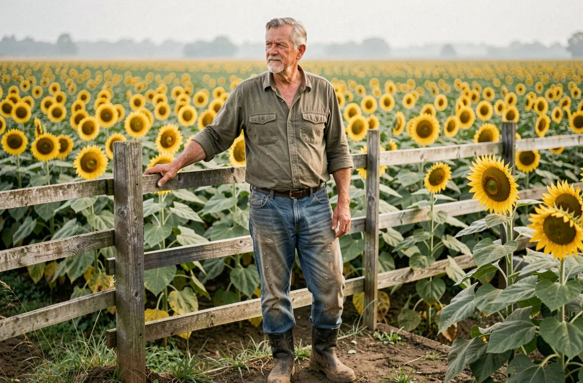 Agriculteur français d'âge mûr contemplant sa vaste exploitation de tournesols dans le sud de la France