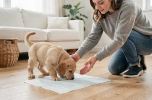 Jeune femme apprenant la propreté à un chiot golden retriever de 2 mois sur un tapis absorbant dans un salon moderne