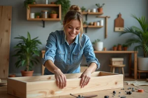 Femme souriante assemble un meuble en bois dans un salon cosy