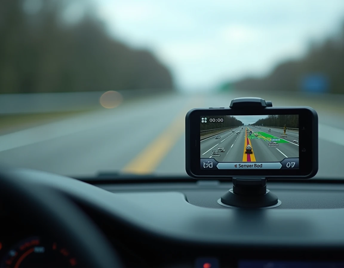 Boîtier GPS Coyote installé sur le tableau de bord d'une voiture affichant un itinéraire sur autoroute