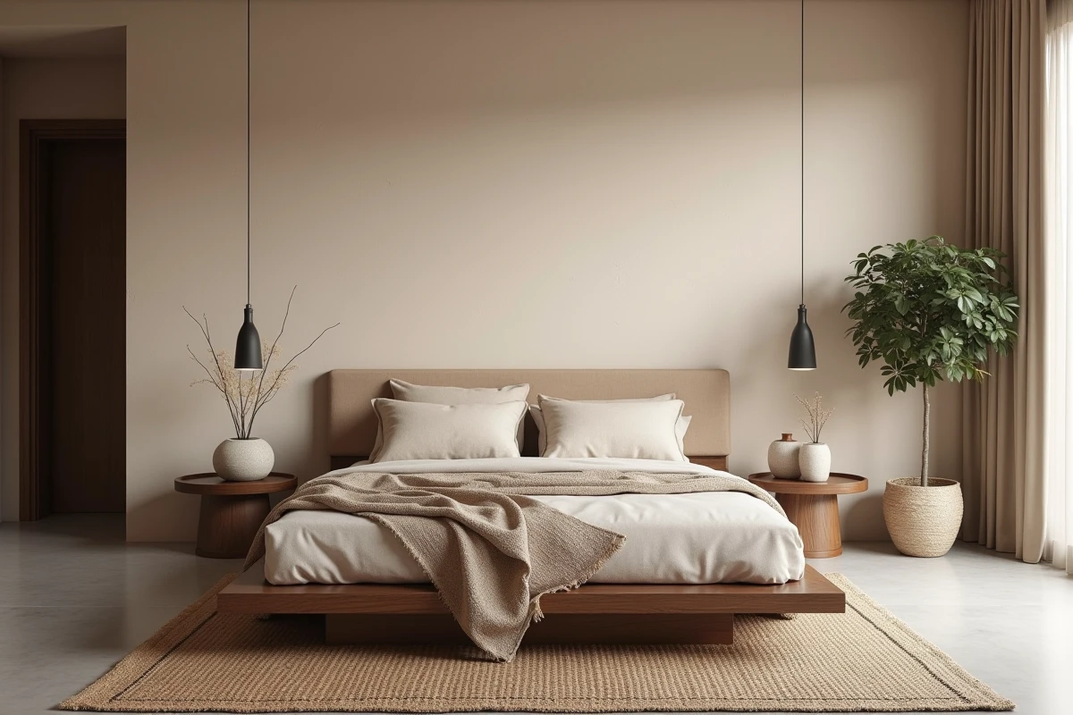 Chambre principale style japandi avec lit plateforme en lin naturel, mur en enduit chaulé et parquet en béton poli, décor épuré et apaisant
