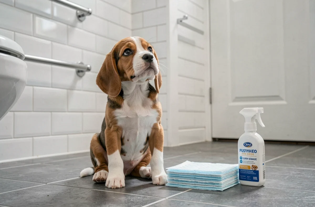 Chiot beagle de 2 mois assis dans une salle de bain à côté de tapis éducateurs et d'un spray nettoyant pour l'apprentissage de la propreté