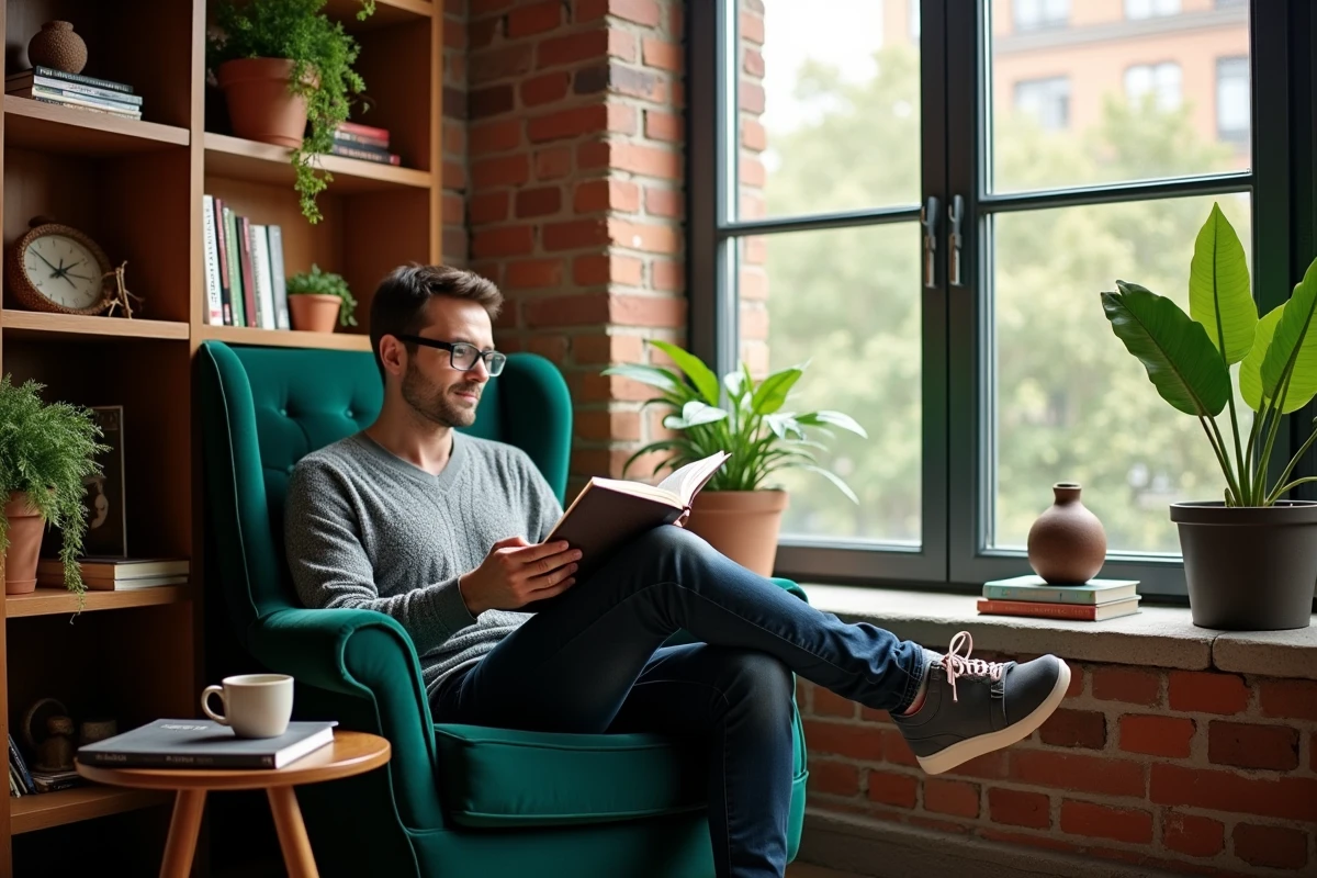 Coin lecture cosy avec fauteuil en velours vert forêt, étagères intégrées, plantes en pots en terre cuite et mur en briques apparentes