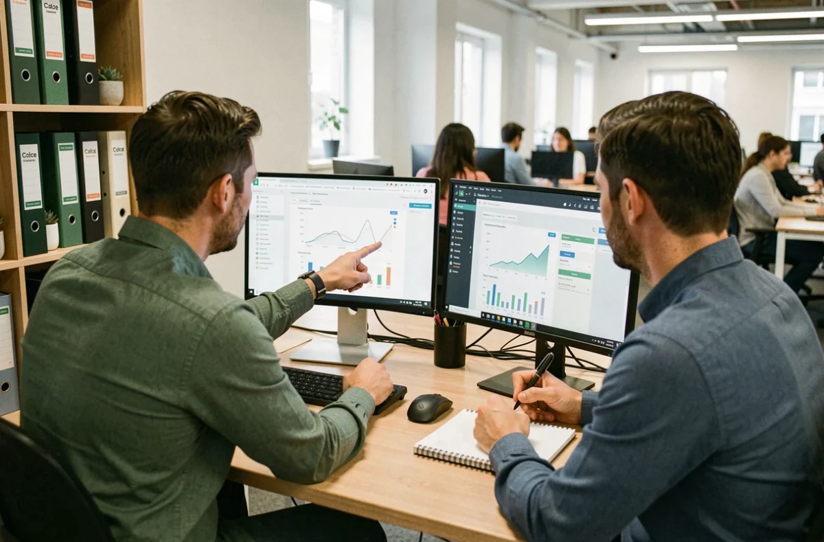 Deux collègues masculins analysant des tableaux de bord numériques et des outils de gestion de projet collaboratifs dans un bureau de startup