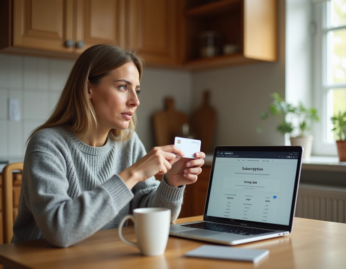 Femme comparant les tarifs et formules d'abonnement Coyote sur un ordinateur portable depuis chez elle