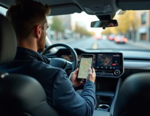 Conducteur utilisant l'application Coyote sur smartphone monté dans sa voiture pour la navigation et les alertes routières