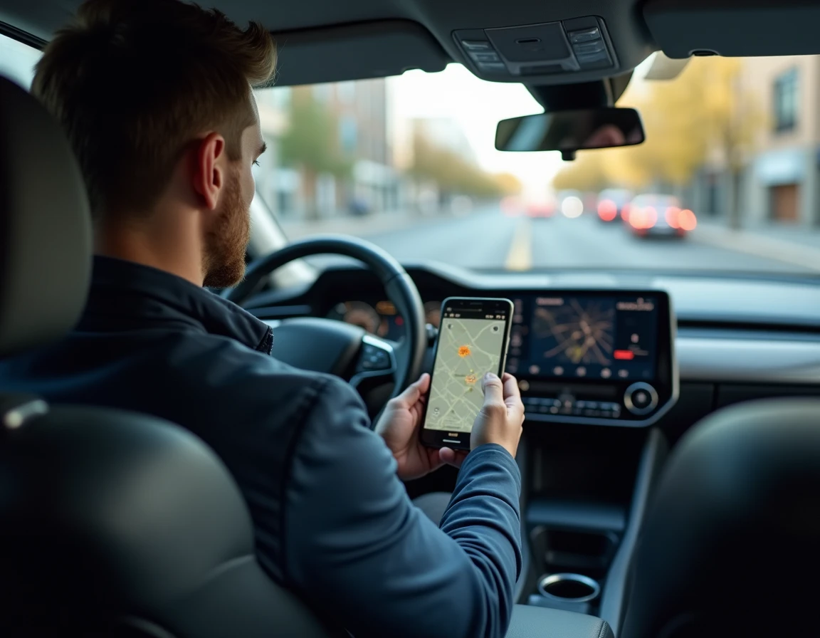 Conducteur utilisant l'application Coyote sur smartphone monté dans sa voiture pour la navigation et les alertes routières
