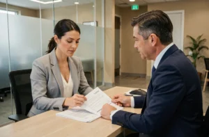 Une femme et un conseiller bancaire examinent des documents de crédit immobilier dans une agence moderne