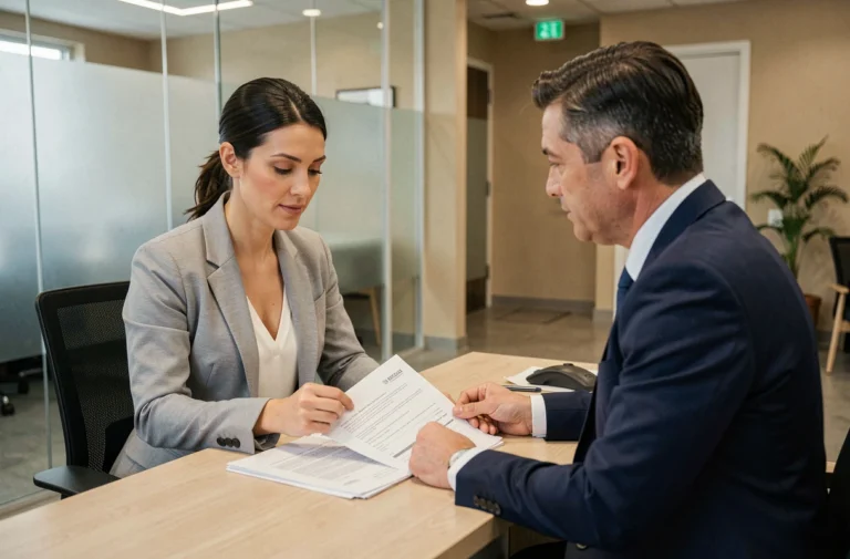 Une femme et un conseiller bancaire examinent des documents de crédit immobilier dans une agence moderne