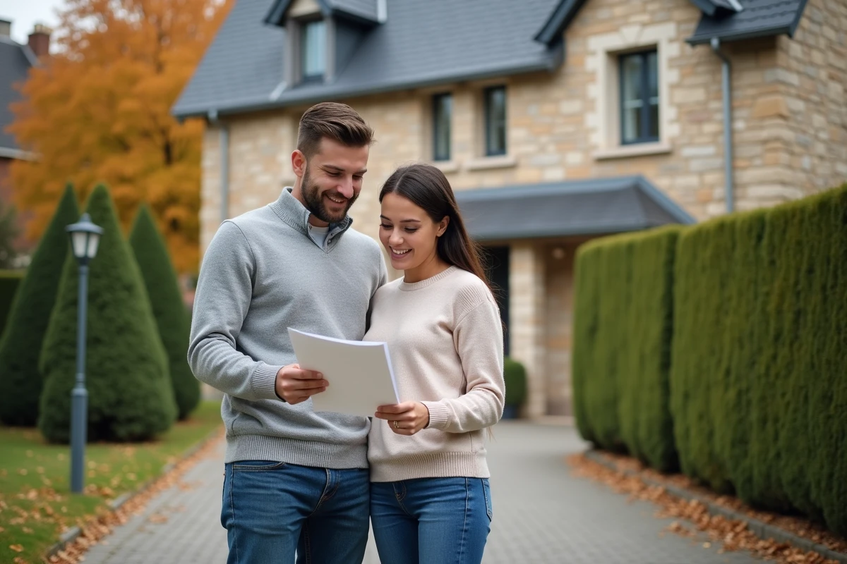 Couple consultant une estimation immobilière devant leur maison résidentielle en banlieue