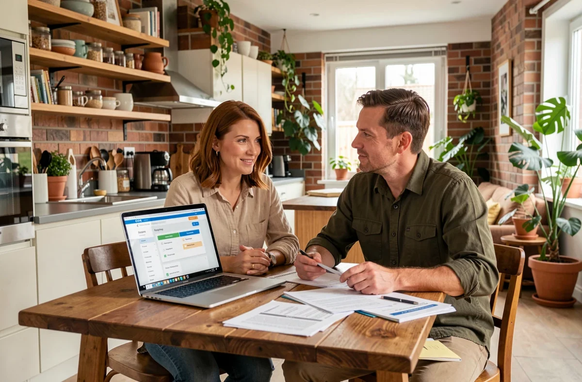 Un couple étudie une simulation de prêt immobilier sur un ordinateur portable à leur table de cuisine