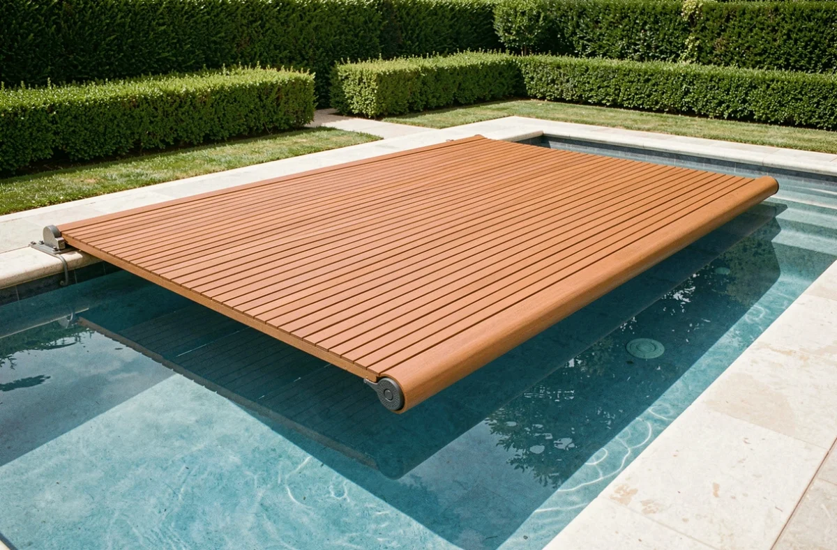 Couverture de piscine à lames en aluminium teinte teck partiellement déployée sur un bassin avec margelle en calcaire