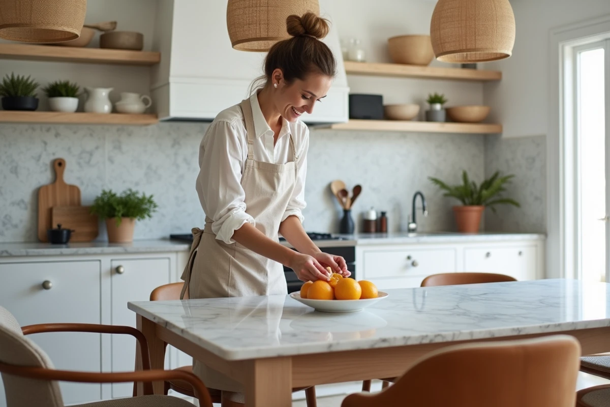 Cuisine ouverte contemporaine avec îlot en marbre de Carrare, armoires blanches, suspensions en rotin et femme arrangeant des fruits frais