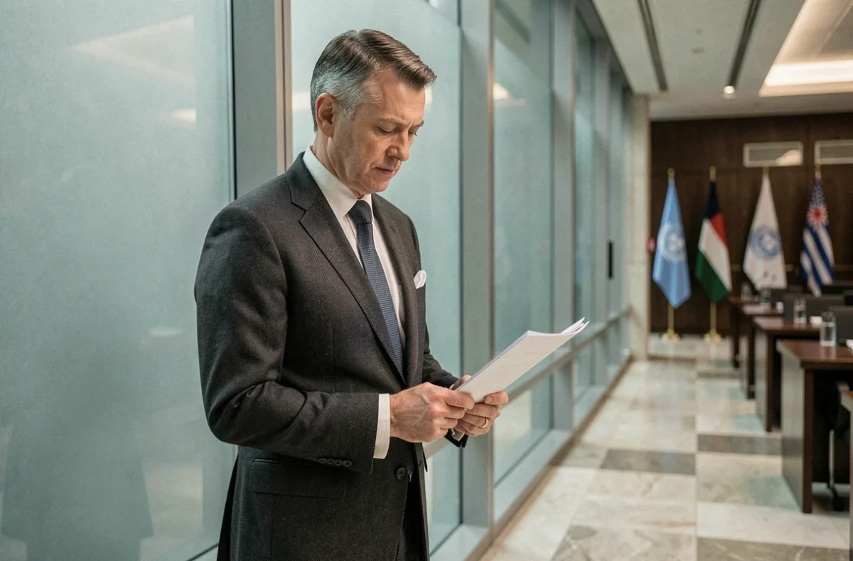 Diplomate examinant des documents dans une salle de conférence internationale représentant les enjeux géopolitiques mondiaux