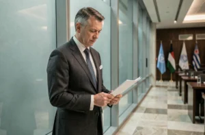 Diplomate examinant des documents dans une salle de conférence internationale représentant les enjeux géopolitiques mondiaux