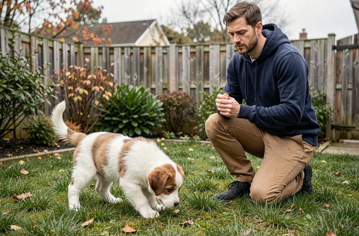 Homme entraînant un chiot de 2 mois à faire ses besoins à l'extérieur dans un jardin avec une friandise