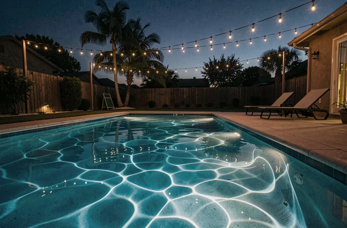 Piscine de nuit avec éclairage LED submersible créant des reflets bleutés sur l'eau et la plage
