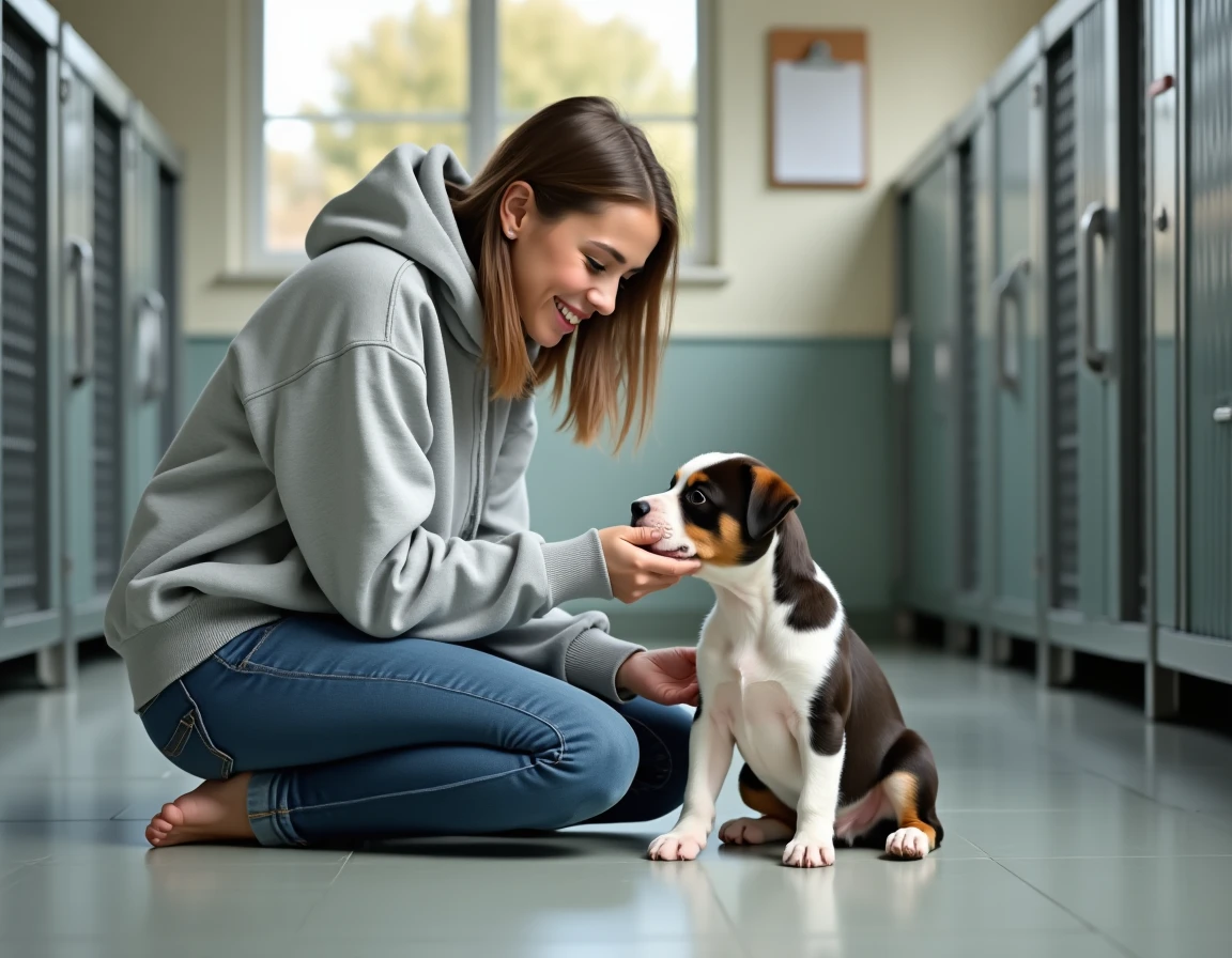 Éleveuse inspectant un chiot Pocket American Bully dans un élevage propre et abordable