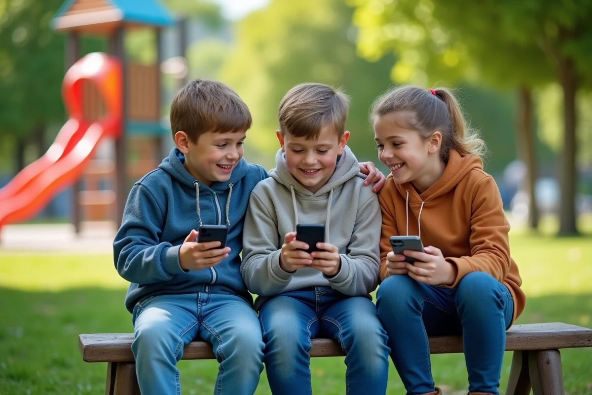 Trois enfants sur un banc de parc utilisant leurs smartphones