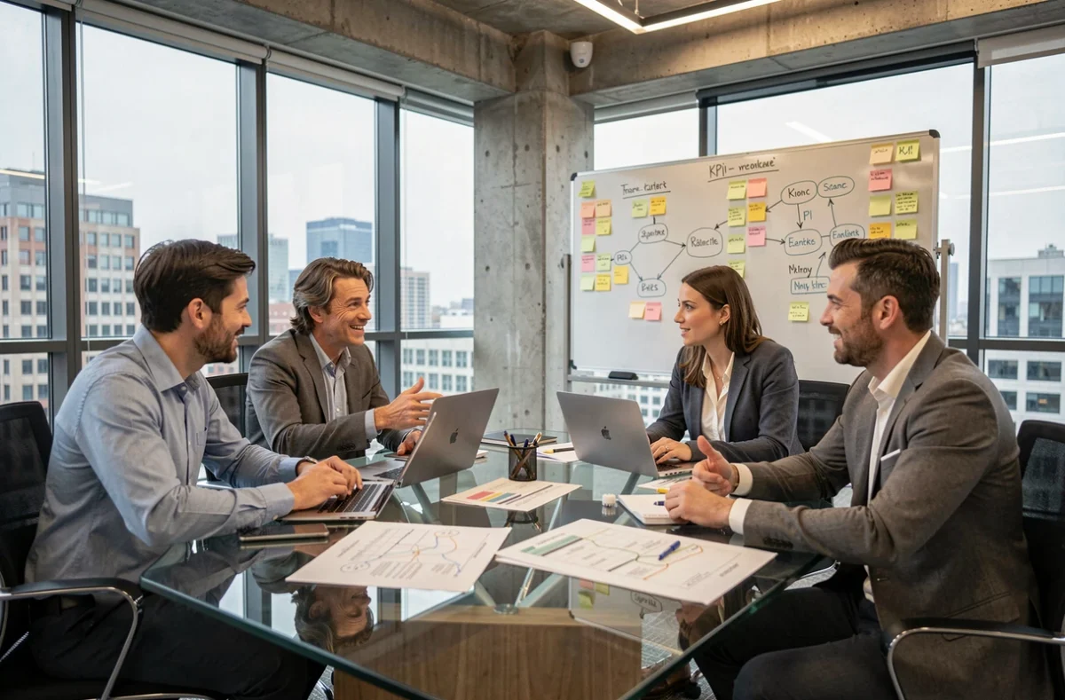 Équipe de professionnels collaborant autour d'une table de conférence lors d'une session de stratégie de transformation digitale