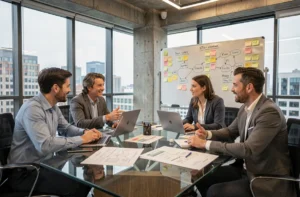 Équipe de professionnels collaborant autour d'une table de conférence lors d'une session de stratégie de transformation digitale