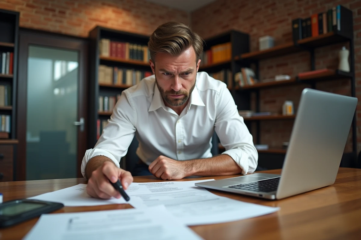 Homme d'affaires examinant des documents officiels pour vérifier la légitimité d'une entreprise partenaire