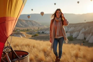 Femme souriante dans un champ avec montgolfière en Cappadoce
