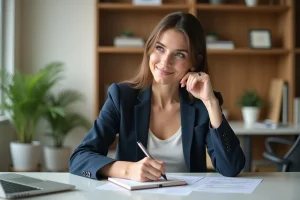 Femme confiante au bureau en blazer et blouse