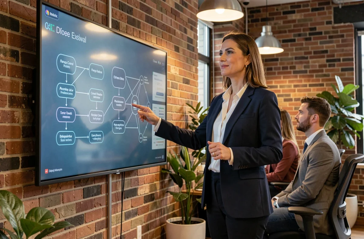 Femme cadre présentant une stratégie digitale collaborative sur un écran tactile interactif dans un espace de coworking moderne
