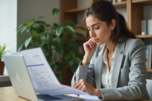 Femme consultant des documents d'assurance auto sur un bureau en bois avec un ordinateur portable ouvert affichant un comparateur de tarifs