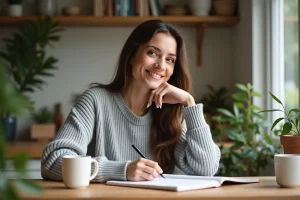 Femme en pull gris écrivant dans un intérieur cosy