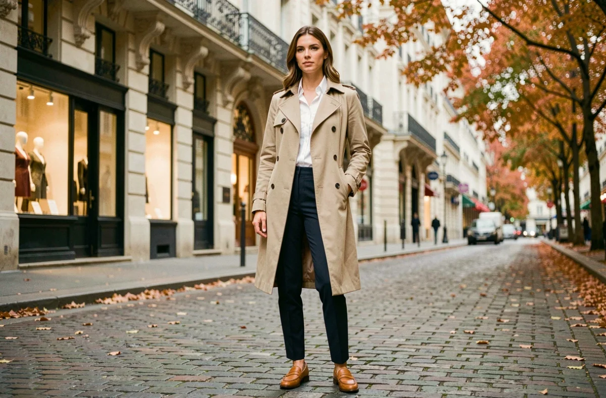 Femme élégante en trench coat beige sur une rue pavée parisienne en automne, style mode quotidien tendance