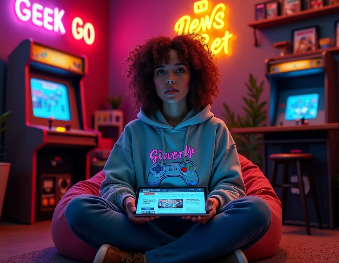 Jeune femme passionnée consultant les nouvelles actualités geek sur une tablette dans un salon gaming coloré avec machines d'arcade et mangas