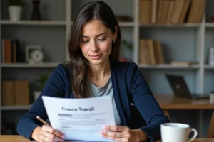 Femme consultant un justificatif France Travail imprimé à son bureau à domicile
