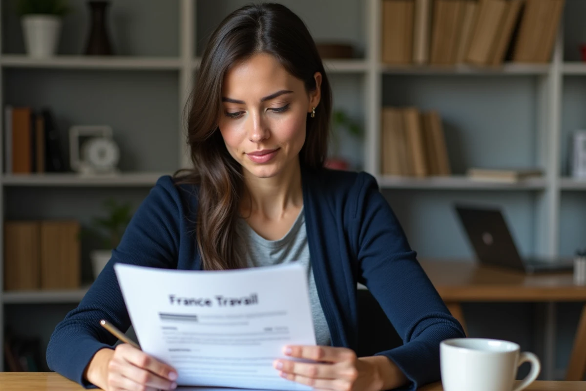 Femme consultant un justificatif France Travail imprimé à son bureau à domicile