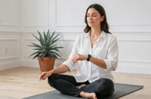 Femme pratiquant la méditation avec une montre connectée dans un studio de yoga minimaliste, tendances santé 2024