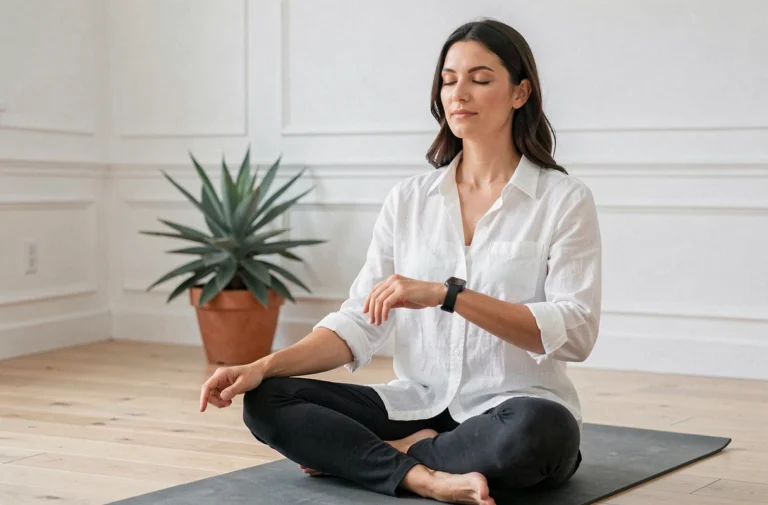 Femme pratiquant la méditation avec une montre connectée dans un studio de yoga minimaliste, tendances santé 2024