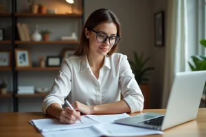 Femme d affaires examinant des documents de prêt immobilier