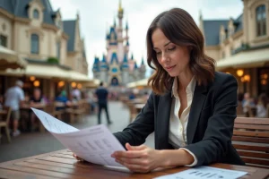 Femme en blouse et blazer examine un rapport financier à Disneyland Paris