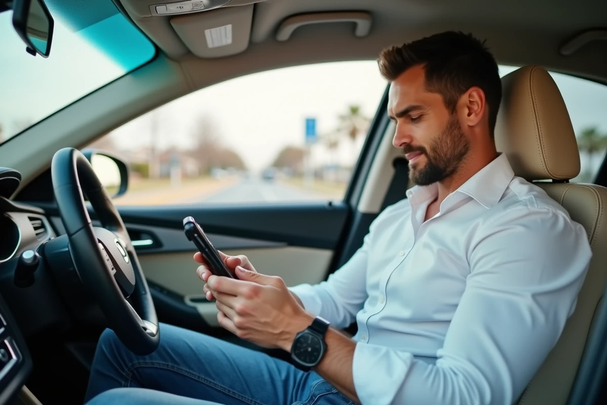 Homme gérant son assurance auto depuis une application smartphone assis dans l'habitacle de sa voiture moderne en milieu suburbain