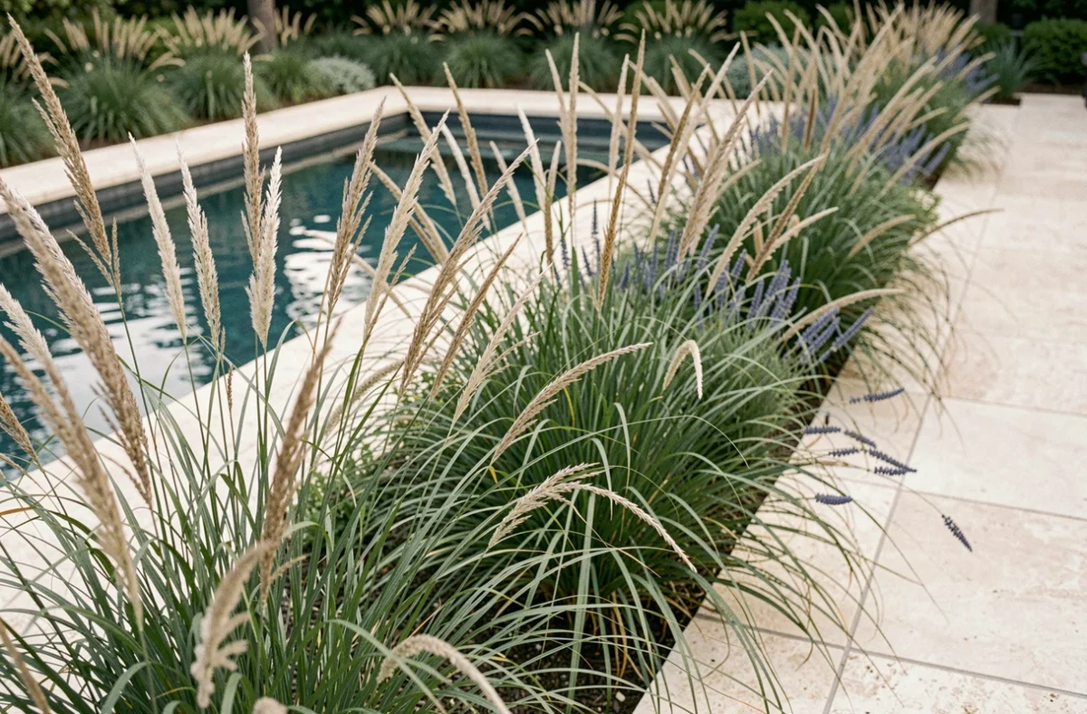 Bordure de graminées ornementales en bord de piscine formant un écran végétal léger et aérien