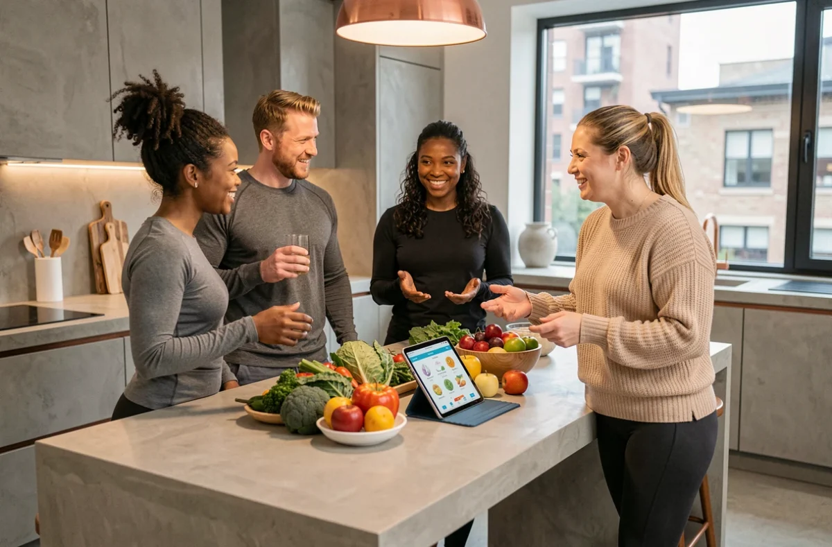 Gruppe von Personen, die eine gesunde Mahlzeit um eine Ernährungs-App in einer modernen Küche zubereiten, Gesundheitstrends 2024