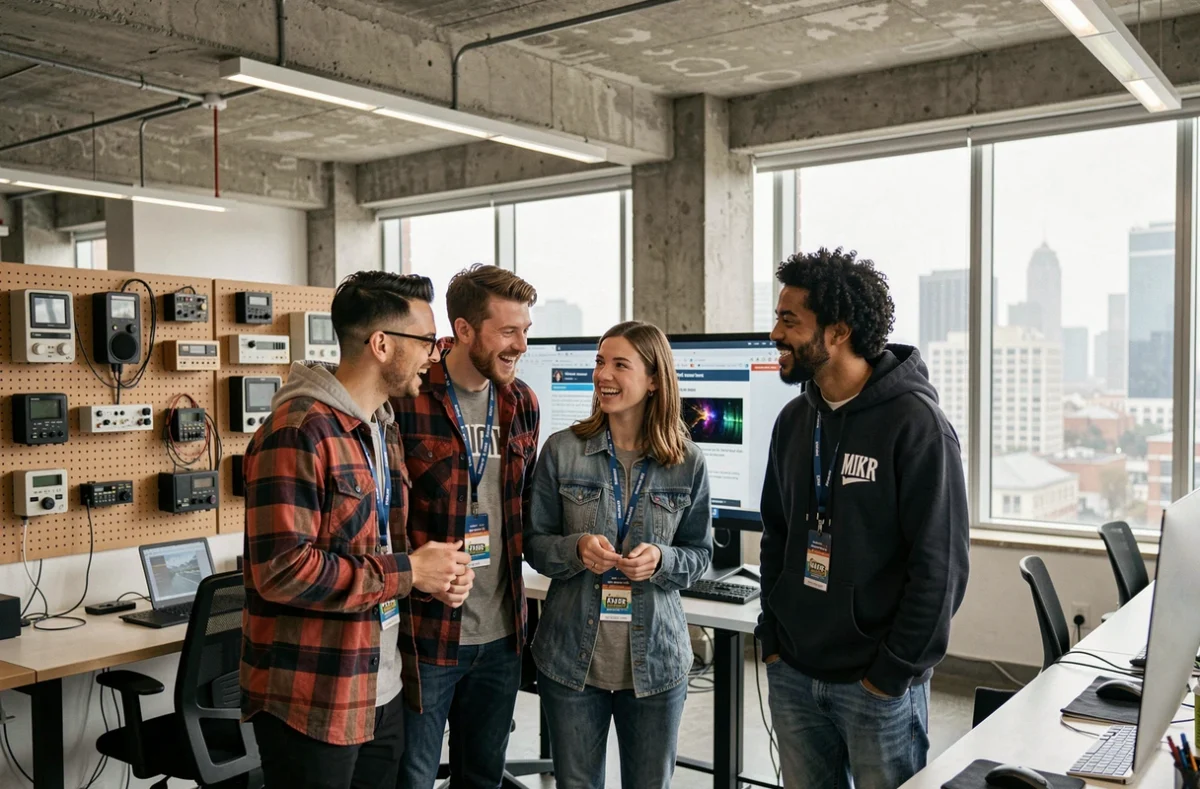Groupe de passionnés geek réagissant avec enthousiasme à des actualités sur le retour de 123Geekos dans un espace de coworking moderne
