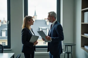 Homme d'affaires en costume dans un bureau parisien