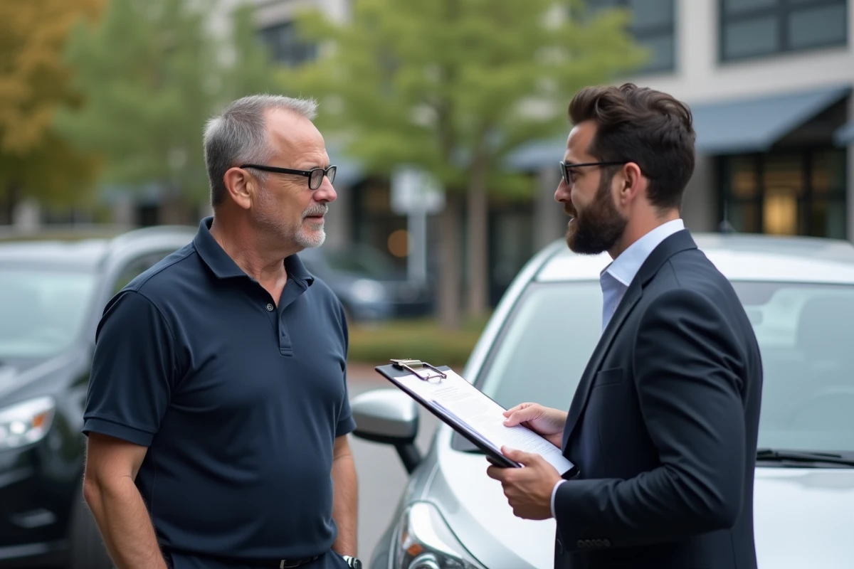 Homme discutant de son contrat d'assurance auto avec un agent professionnel tenant un formulaire à côté d'une voiture compacte argentée