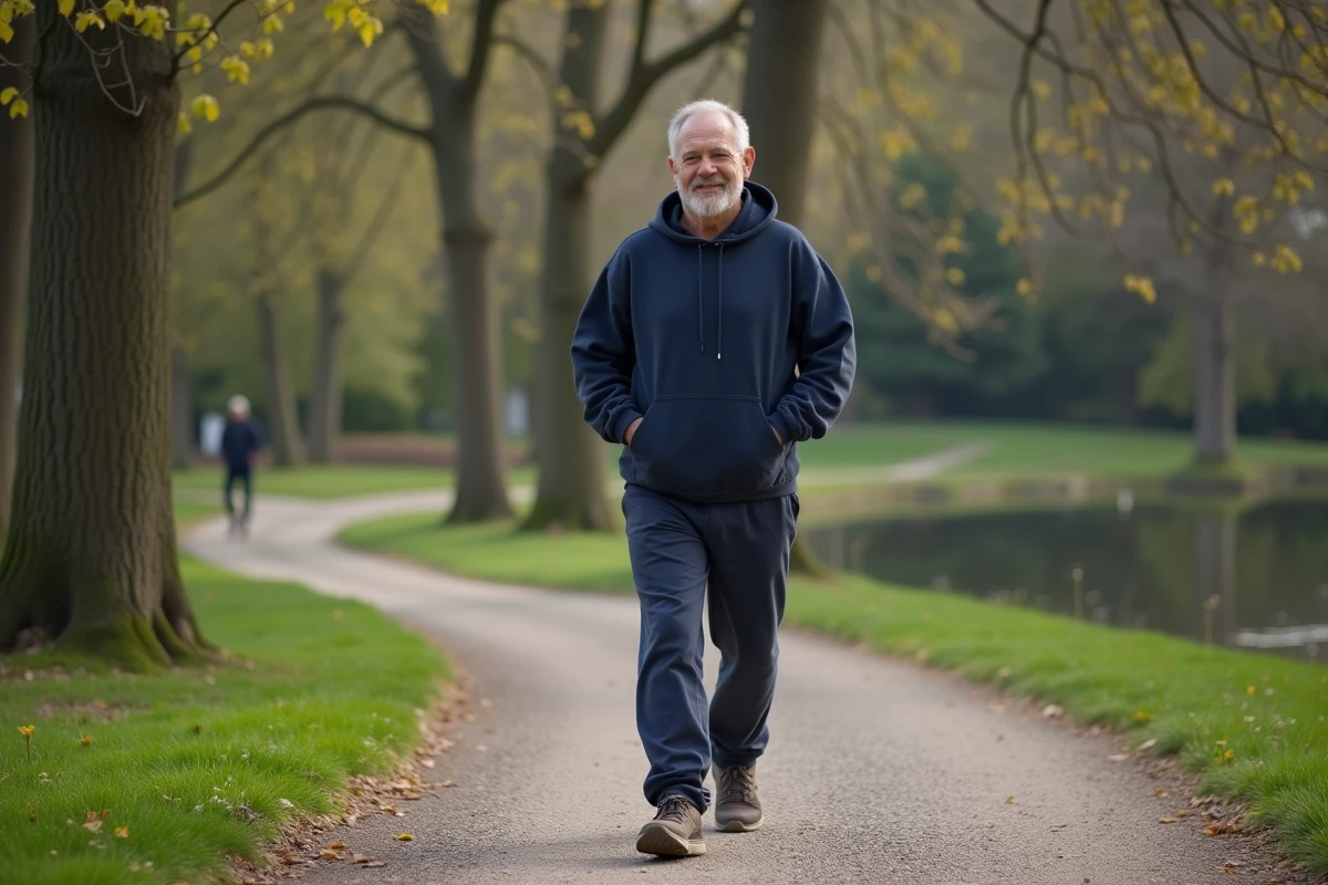 Homme en sweat à capuche se promenant dans un parc calme