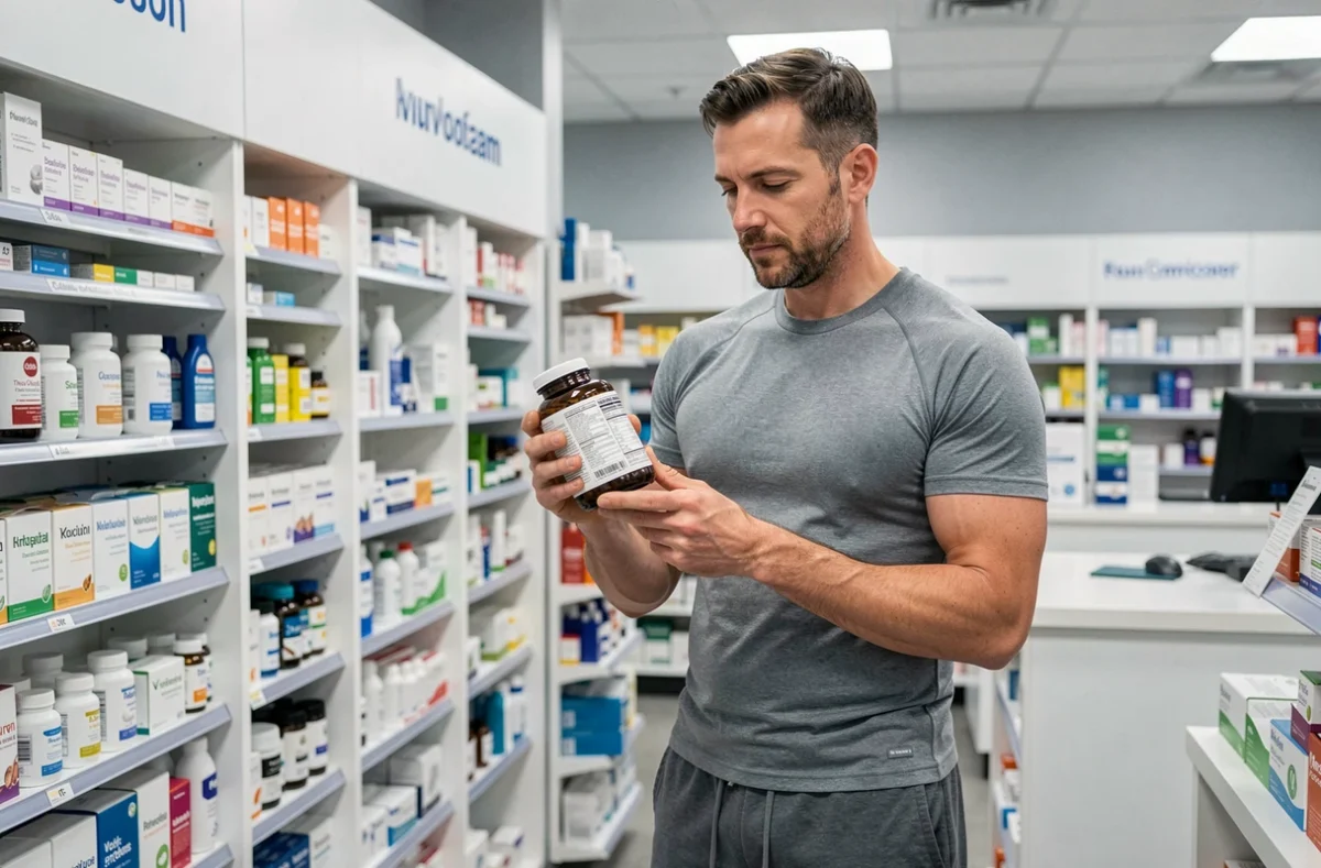 Mann, der das Etikett eines Nahrungsergänzungsmittels in einer Apotheke liest, neue Gesundheits- und Wellness-Trends 2024
