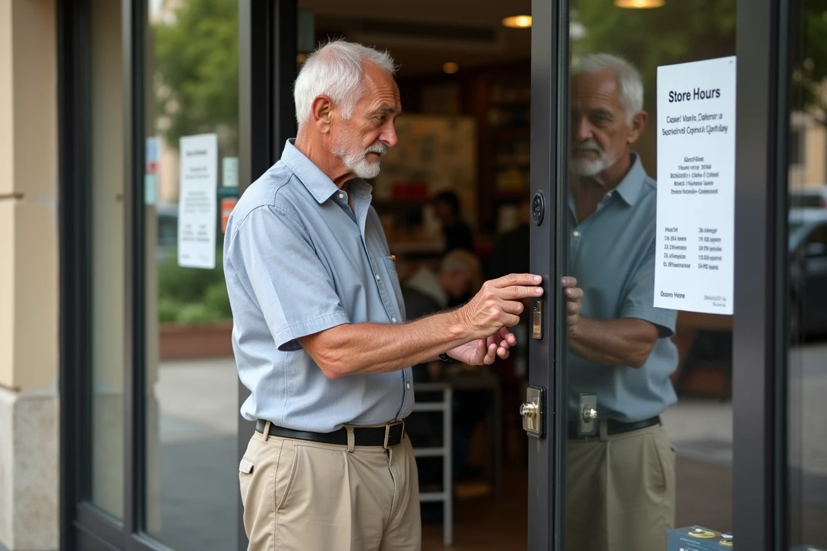 Homme âgé vérifiant les horaires du magasin